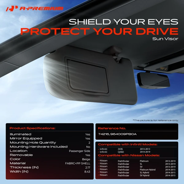 Front Passenger Beige Sun Visor with Light & Mirror for Nissan Pathfinder 2013-2019