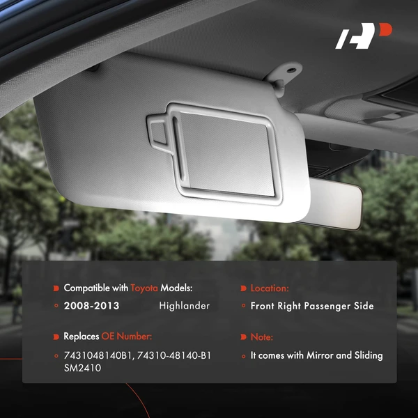 Passenger Gray Sun Visor with Mirror for Toyota Highlander 2008-2013