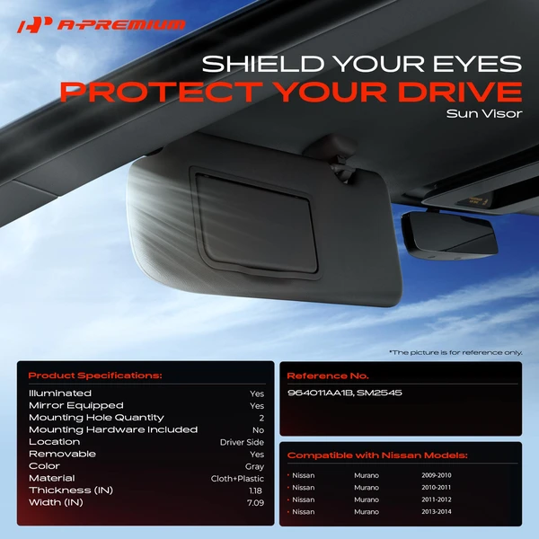 Driver Gray Extendable Sun Visor with Mirror & Light for Nissan Murano 2009-2014