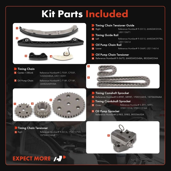 10 Pcs Engine Timing Chain Kit for Ford Fusion Mercury Milan 2007-2009 L4 2.3L