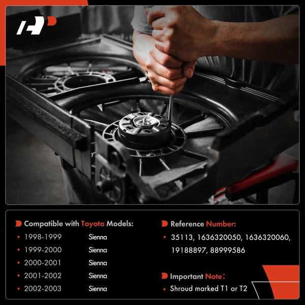 Radiator Fan Cooling Motor for Toyota Sienna 98-03 3.0L Shroud marked T1 or T2