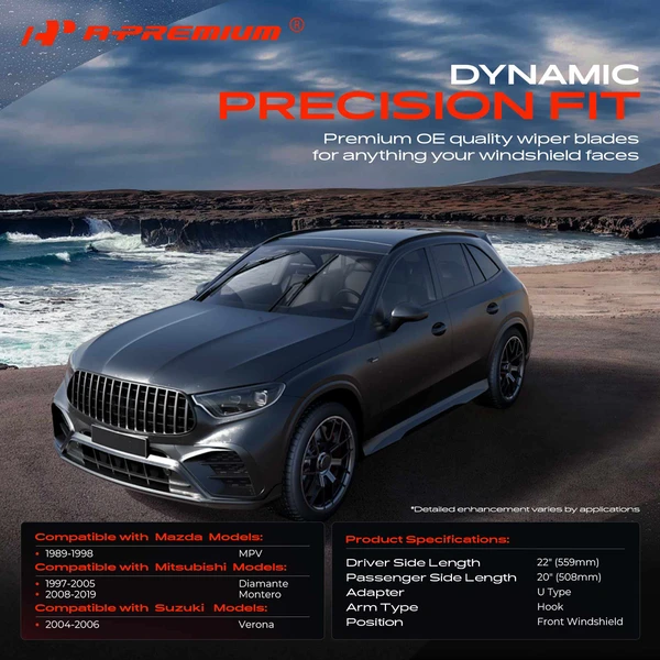 2-Pc 22″ + 20″ Beam Windshield Wiper Blade All Season, Quiet, Streak Free A-Premium APWB253