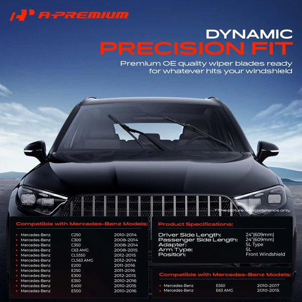 2-Pc 24″ Beam Windshield Wiper Blade All Season, Quiet, Streak Free A-Premium APWB272