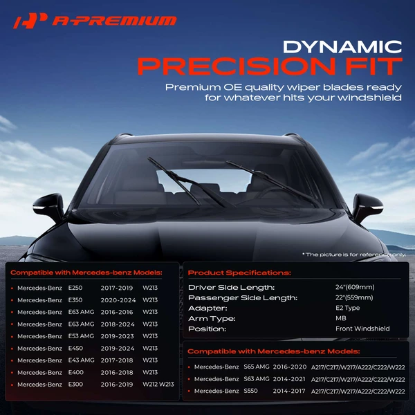 2-Pc 24″ + 22″ Beam Windshield Wiper Blades All Season, Quiet, Streak Free A-Premium APWB279