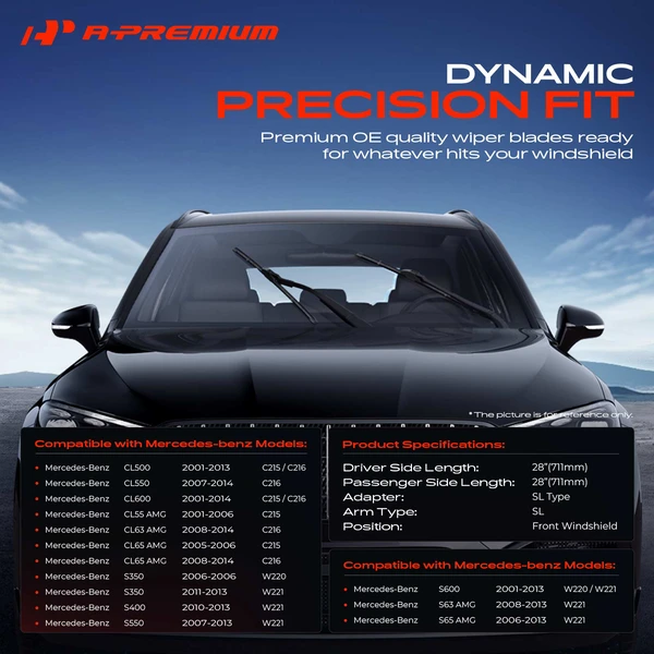 2-Pc 28″ Beam Windshield Wiper Blade All Season, Quiet, Streak Free A-Premium APWB274