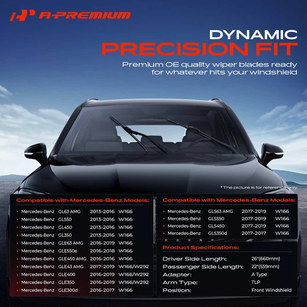 2-Pc 26″ + 22″ Beam Windshield Wiper Blade All Season, Quiet, Streak Free A-Premium APWB289