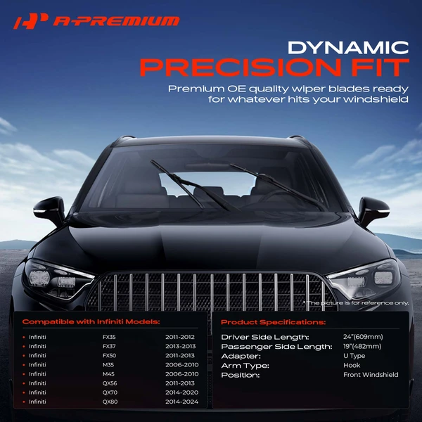 2-Pc 24″ + 19″ Beam Windshield Wiper Blade All Season, Quiet, Streak Free A-Premium APWB312