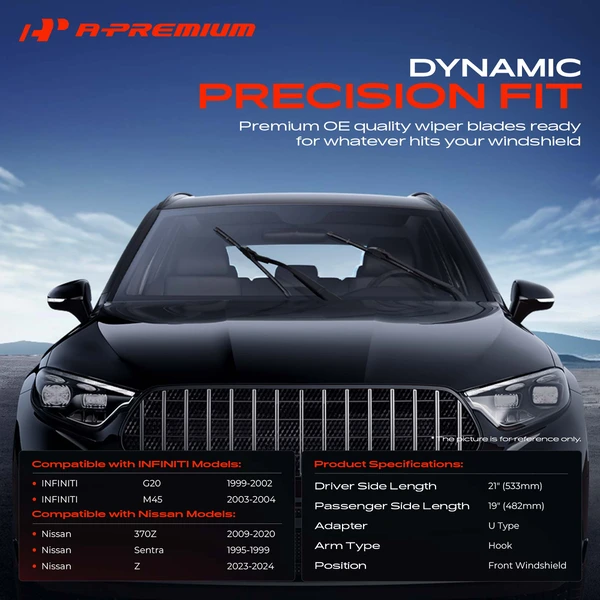 2-Pc 21″ + 19″ Beam Windshield Wiper Blade All Season, Quiet, Streak Free A-Premium APWB313