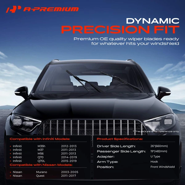 2-Pc 26″ + 19″ Beam Windshield Wiper Blade All Season, Quiet, Streak Free A-Premium APWB316