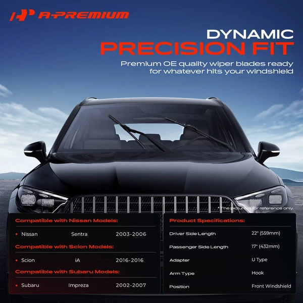 2-Pc 22″ + 17″ Beam Windshield Wiper Blade All Season, Quiet, Streak Free A-Premium APWB333