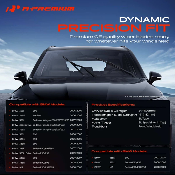 2-Pc Beam Windshield Wiper Blade All Season, Quiet, Streak Free A-Premium APWB004