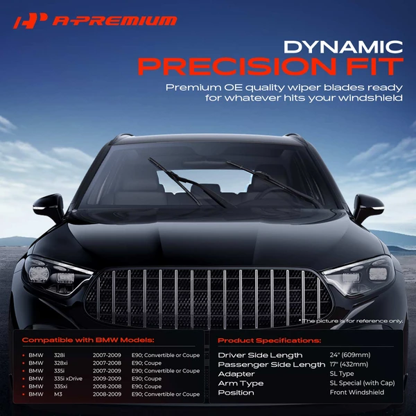 2-Pc 24″ + 17″ Beam Windshield Wiper Blade All Season, Quiet, Streak Free A-Premium APWB005