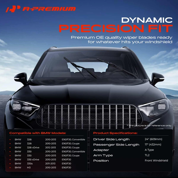 2-Pc 24″ + 17″ Beam Windshield Wiper Blade All Season, Quiet, Streak Free A-Premium APWB006