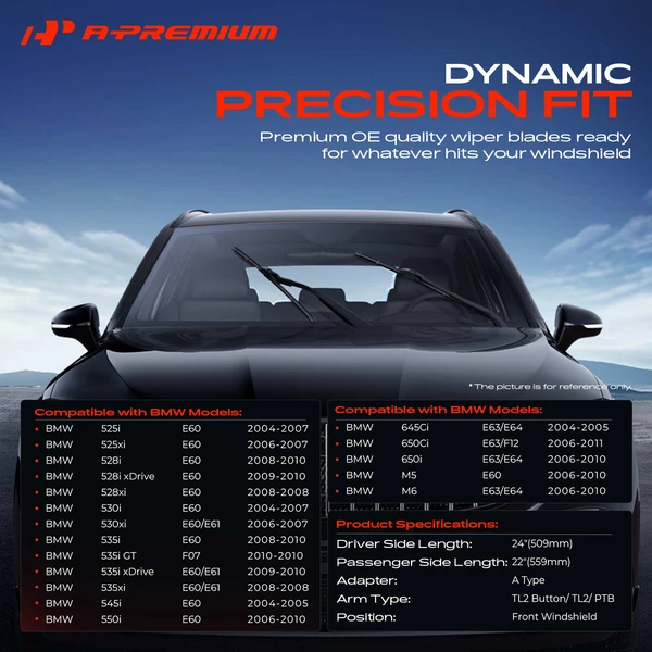 2-Pc 24″ + 22″ Beam Windshield Wiper Blade All Season, Quiet, Streak Free A-Premium APWB009