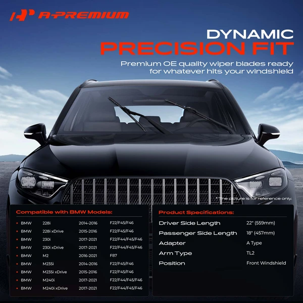 2-Pc 22″ + 18″ Beam Windshield Wiper Blade All Season, Quiet, Streak Free A-Premium APWB002