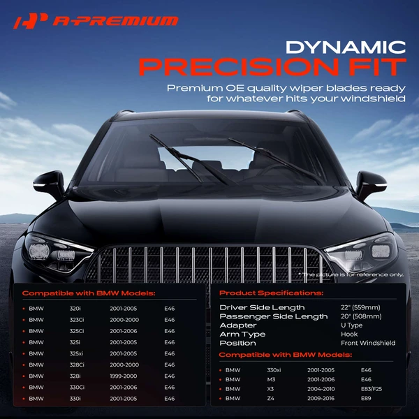 2-Pc 22″ + 20″ Beam Windshield Wiper Blade All Season, Quiet, Streak Free A-Premium APWB003