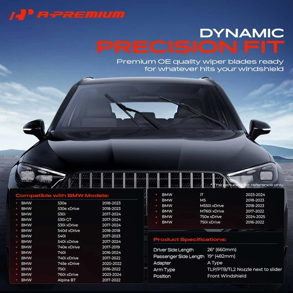 2-Pc 26″ + 19″ Beam Windshield Wiper Blade All Season, Quiet, Streak Free A-Premium APWB011