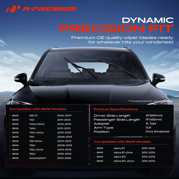 2-Pc 26″ + 19″ Beam Windshield Wiper Blade All Season, Quiet, Streak Free A-Premium APWB012