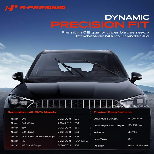 2-Pc 26″ + 17″ Beam Windshield Wiper Blade All Season, Quiet, Streak Free A-Premium APWB013