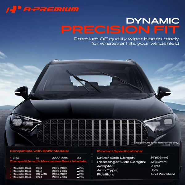 2-Pc 24″ + 22″ Beam Windshield Wiper Blade All Season, Quiet, Streak Free A-Premium APWB023