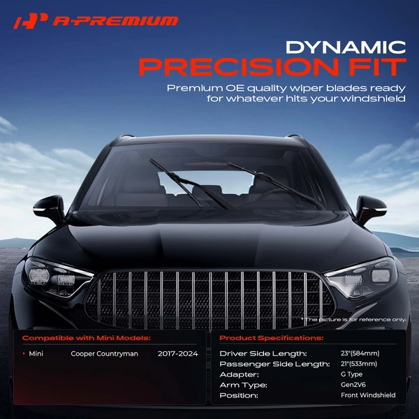 2-Pc 23″ + 21″ Beam Windshield Wiper Blade All Season, Quiet, Streak Free A-Premium APWB031