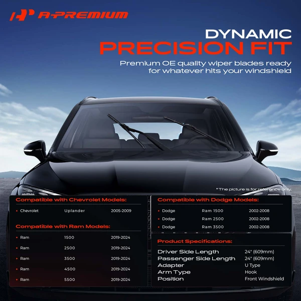 2-Pc 24″ Beam Windshield Wiper Blade All Season, Quiet, Streak Free A-Premium APWB064