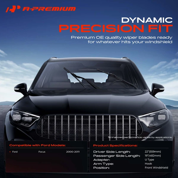 2-Pc 22″ + 19″ Beam Windshield Wiper Blade All Season, Quiet, Streak Free A-Premium APWB090