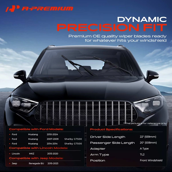 2-Pc 22″ + 20″ Beam Windshield Wiper Blade All Season, Quiet, Streak Free A-Premium APWB094