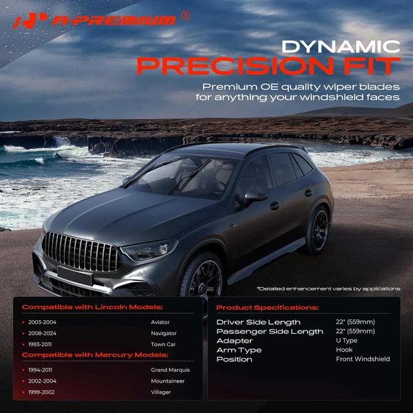 2-Pc 22″ Beam Windshield Wiper Blade All Season, Quiet, Streak Free A-Premium APWB100