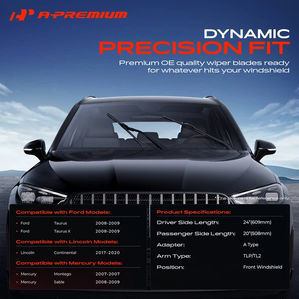 2-Pc 24″ + 20″ Beam Windshield Wiper Blade All Season, Quiet, Streak Free A-Premium APWB096