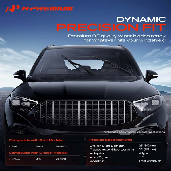 2-Pc 26″ + 20″ Beam Windshield Wiper Blade All Season, Quiet, Streak Free A-Premium APWB097