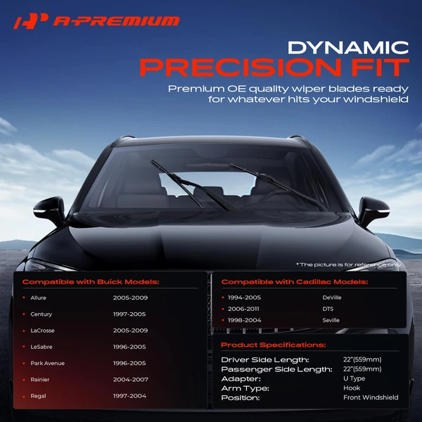 2-Pc 22″ Beam Windshield Wiper Blade All Season, Quiet, Streak Free A-Premium APWB117