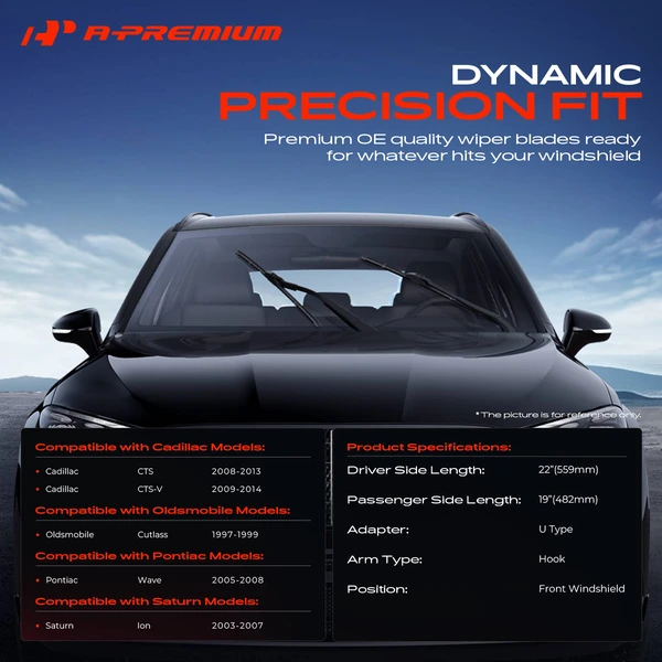 2-Pc 22″ + 19″ Beam Windshield Wiper Blade All Season, Quiet, Streak Free A-Premium APWB130