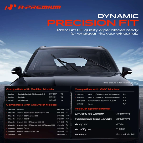 2-Pc 22″ Beam Windshield Wiper Blade All Season, Quiet, Streak Free A-Premium APWB134