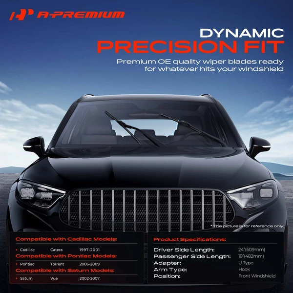 2-Pc 24″ + 19″ Beam Windshield Wiper Blade All Season, Quiet, Streak Free A-Premium APWB128