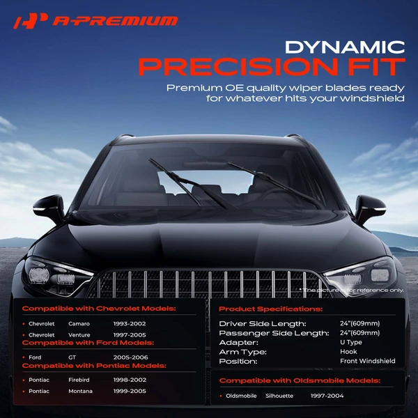 2-Pc 24″ Beam Windshield Wiper Blade All Season, Quiet, Streak Free A-Premium APWB147