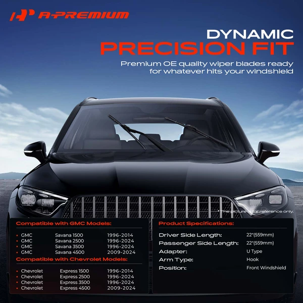 2-Pc 22″ Beam Windshield Wiper Blade All Season, Quiet, Streak Free A-Premium APWB159