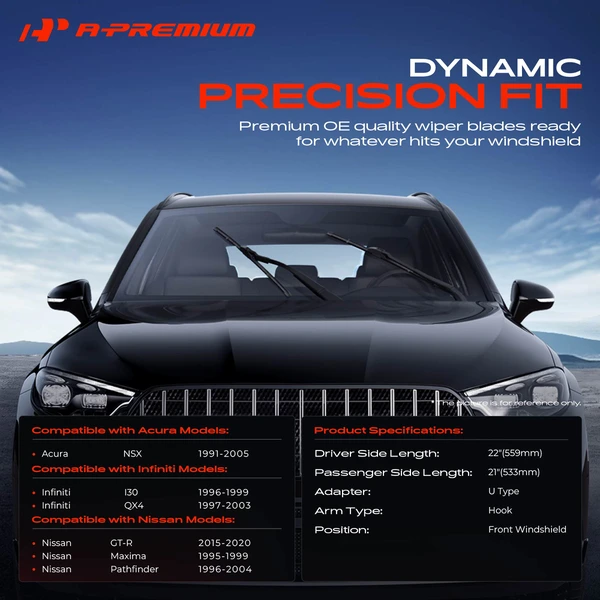 2-Pc 22″ + 21″ Beam Windshield Wiper Blade All Season, Quiet, Streak Free A-Premium APWB186