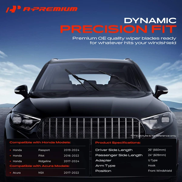 2-Pc 26″ + 24″ Beam Windshield Wiper Blades All Season, Quiet, Streak Free A-Premium APWB187