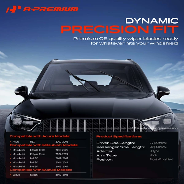 2-Pc 24″ + 20″ Beam Windshield Wiper Blade All Season, Quiet, Streak Free A-Premium APWB192