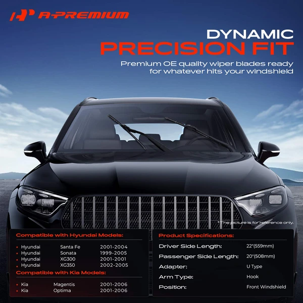 2-Pc 22″ + 20″ Beam Windshield Wiper Blade All Season, Quiet, Streak Free A-Premium APWB230