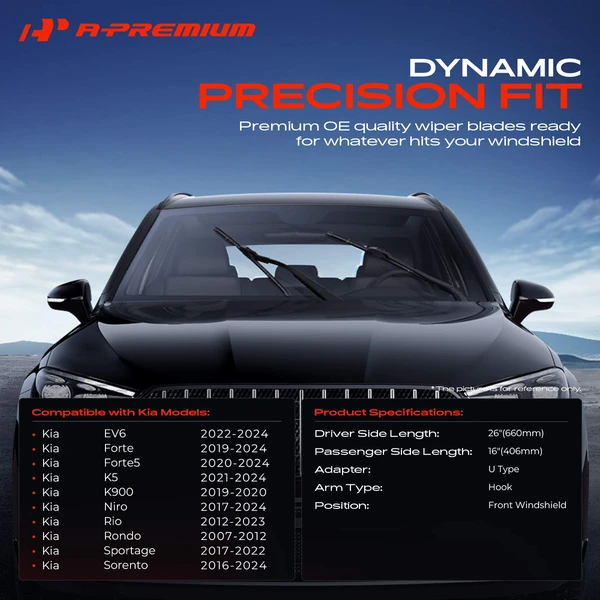 2-Pc 26″ + 16″ Beam Windshield Wiper Blade All Season, Quiet, Streak Free A-Premium APWB242