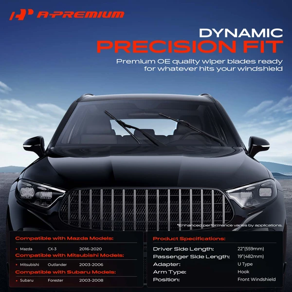 2-Pc 22″ + 19″ Beam Windshield Wiper Blade All Season, Quiet, Streak Free A-Premium APWB342