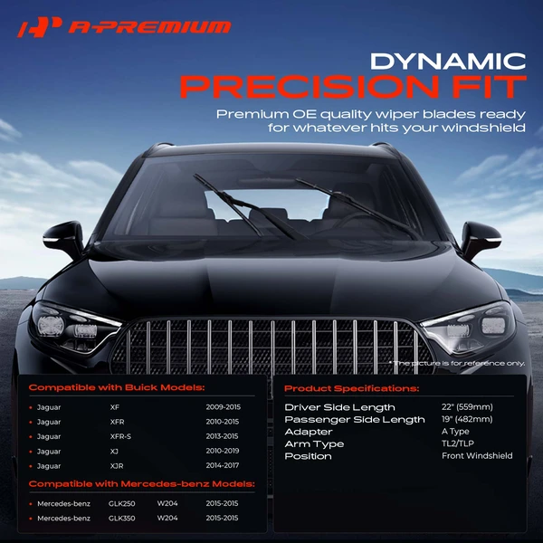 2-Pc 22″ + 19″ Beam Windshield Wiper Blade All Season, Quiet, Streak Free A-Premium APWB349