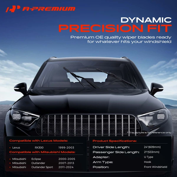 2-Pc 24″ + 21″ Beam Windshield Wiper Blade All Season, Quiet, Streak Free A-Premium APWB377