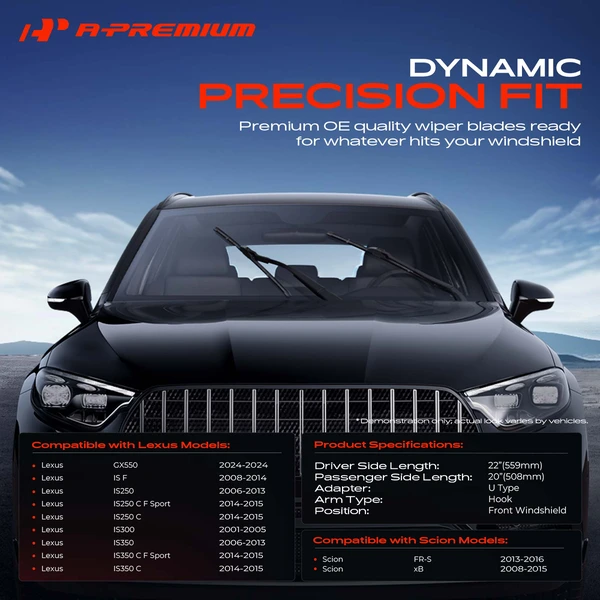 2-Pc Beam Windshield Wiper Blade All Season, Quiet, Streak Free A-Premium APWB368