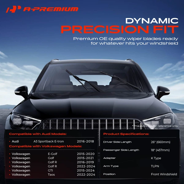 2-Pc 26″ + 18″ Beam Windshield Wiper Blade All Season, Quiet, Streak Free A-Premium APWB409