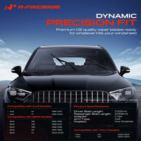 2-Pc 21″ + 20″ Beam Windshield Wiper Blade All Season, Quiet, Streak Free A-Premium APWB410