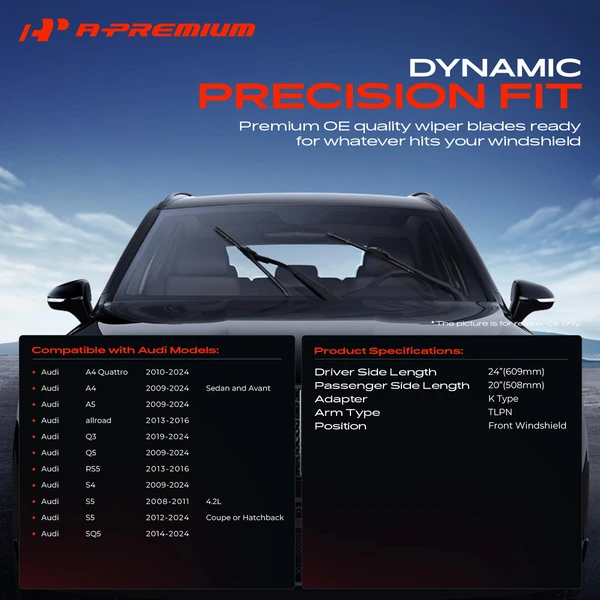 2-Pc 24″ + 20″ Beam Windshield Wiper Blade All Season, Quiet, Streak Free A-Premium APWB411