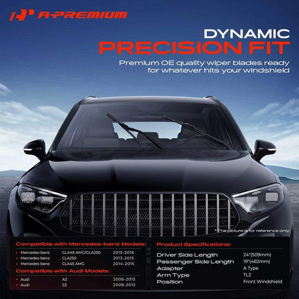 2-Pc 24″ + 19″ Beam Windshield Wiper Blade All Season, Quiet, Streak Free A-Premium APWB406